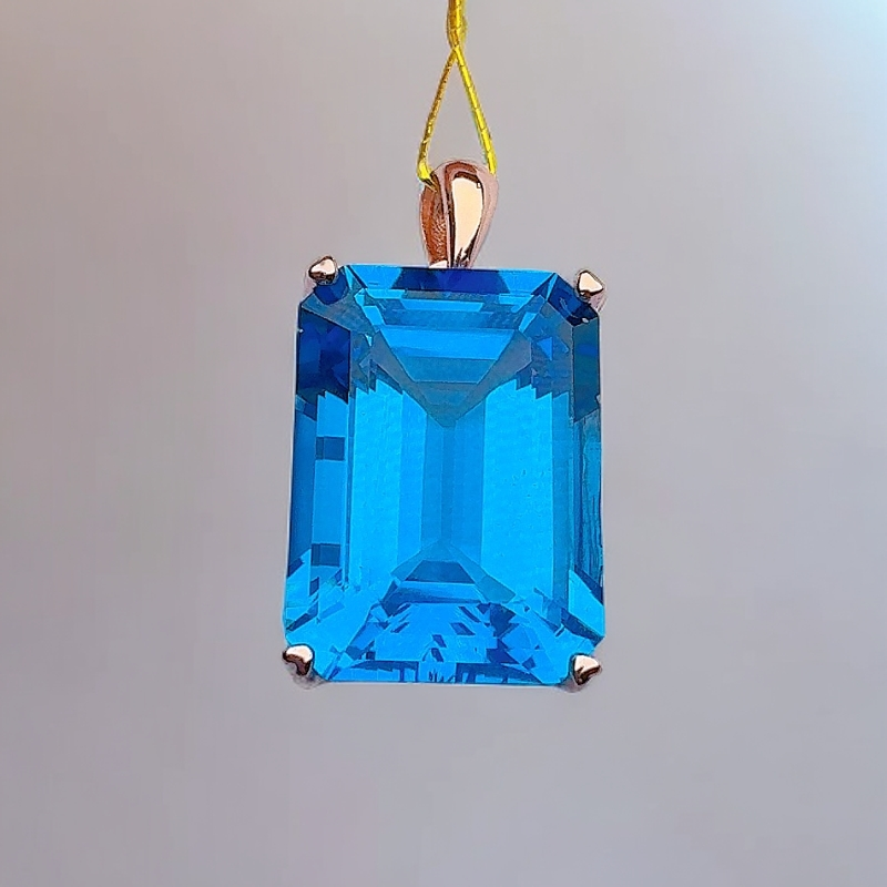天然S925银深色瑞士蓝托帕石简约方形吊坠主石17*12.5*8.8尺寸
