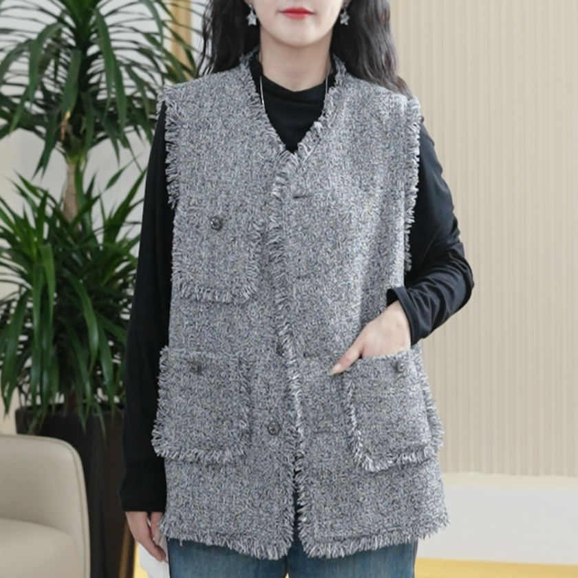粗花呢编织小香风流苏马甲女大码显瘦减龄百搭春秋季坎肩背心外搭