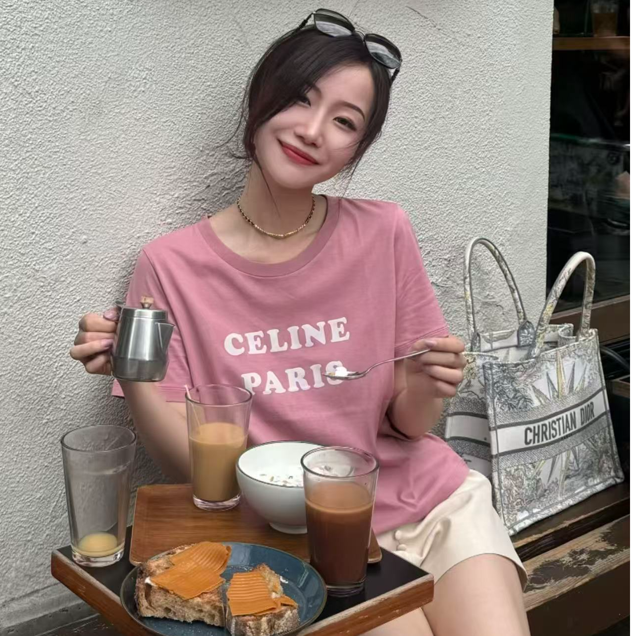 未使用 Celine/思琳 平纹针织箱型知袖恤 粉色/S码/公价4950