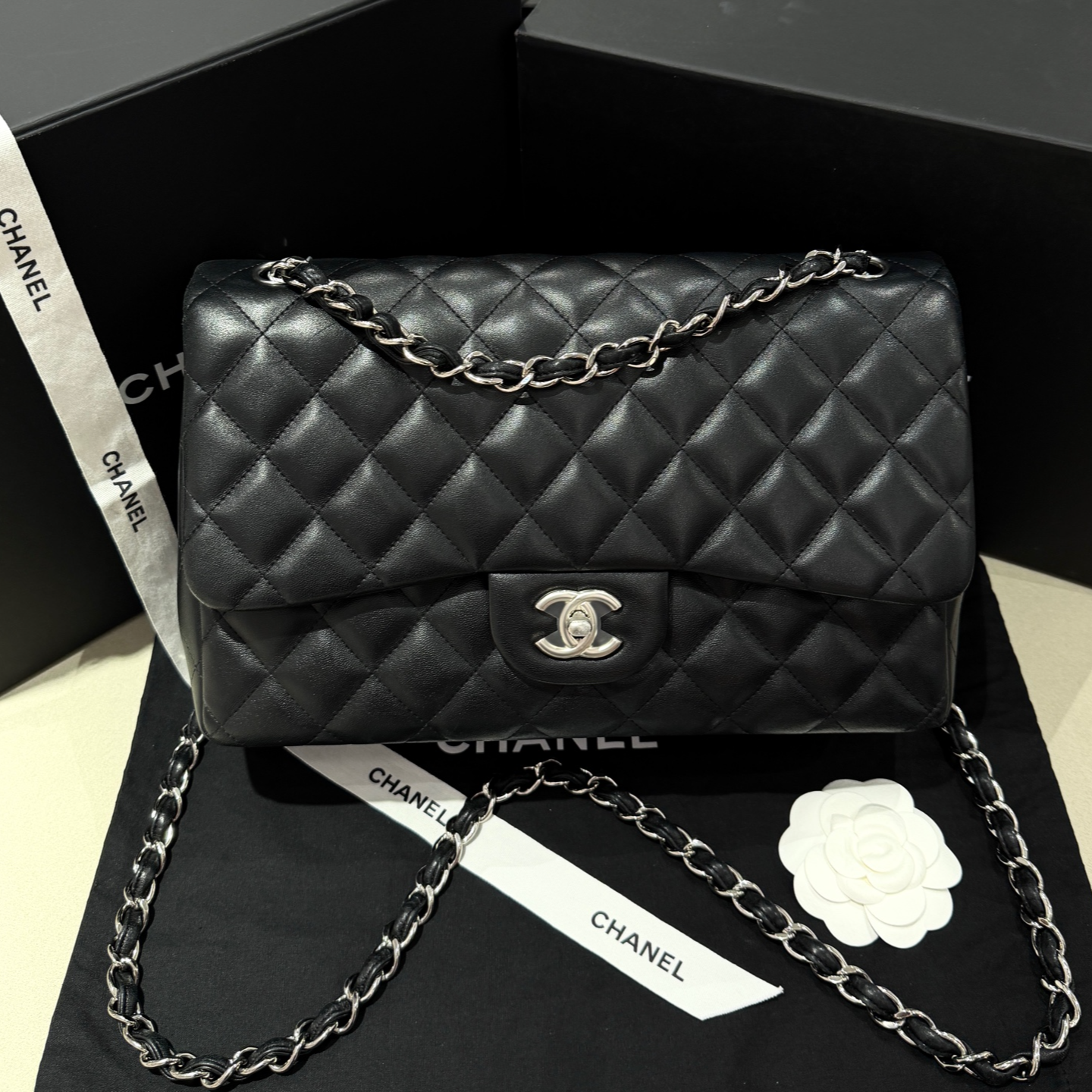 99新 Chanel/香奈儿 CF黑银Jumbo羊皮大号/0190黑色经典