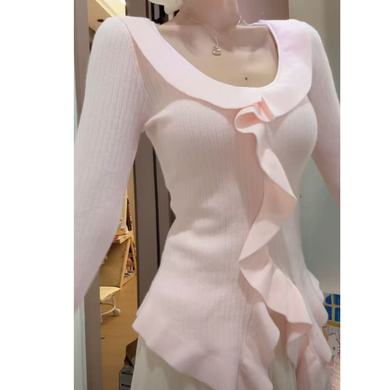 荷叶边气质v领修身针织衫女辣妹秋冬洋气纯欲风打底内搭长袖上衣