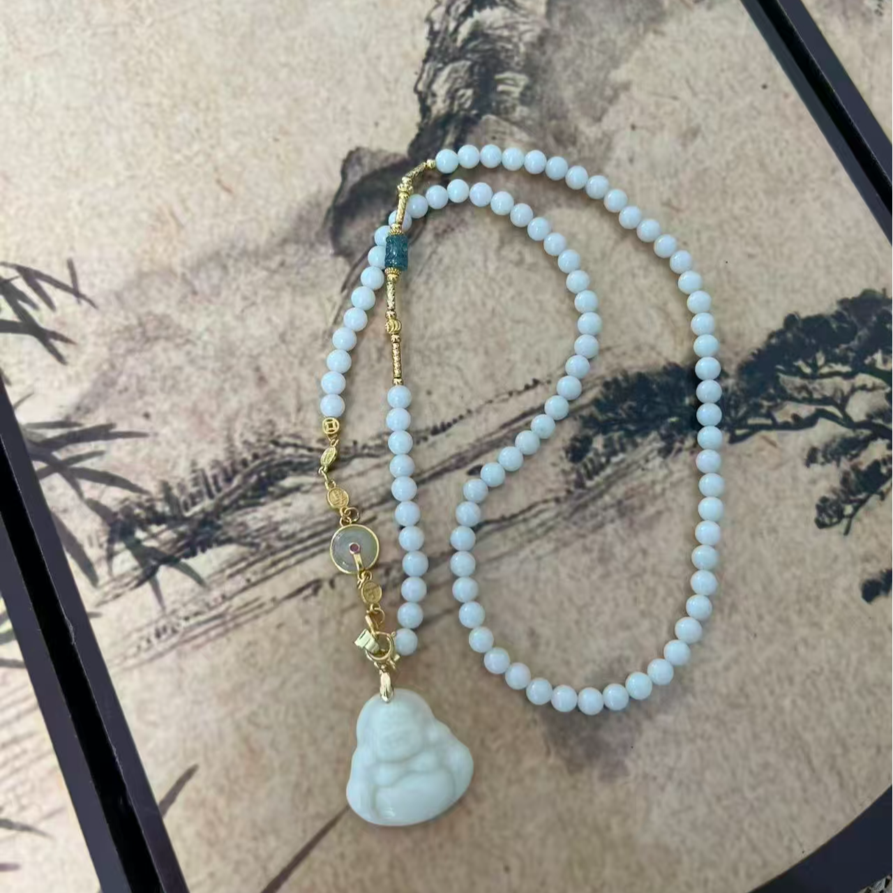 普陀山 翡翠碧玺和田白玉佛公项链