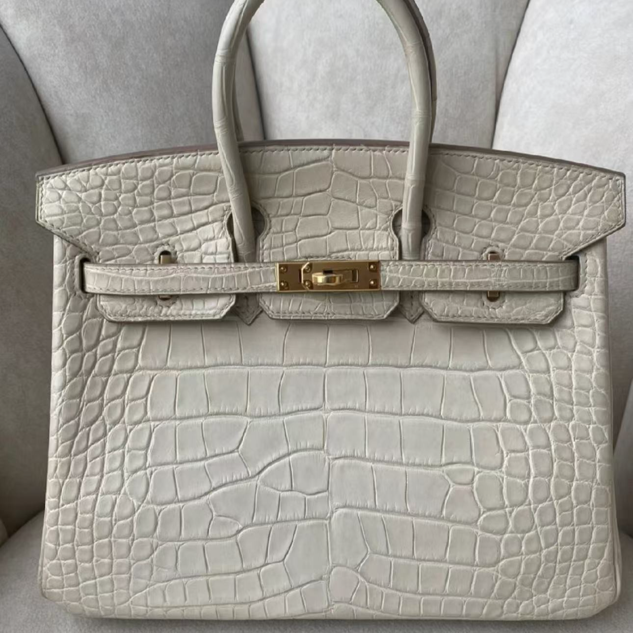 99新 Hermes/爱马仕 birkin30冰川白金扣雾面方块鳄鱼框R刻