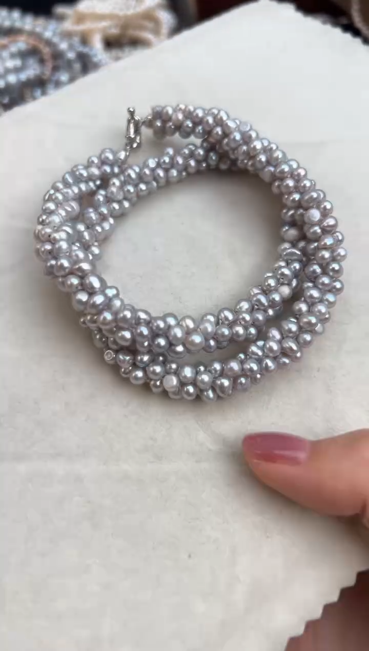 未镶嵌18淡水珍珠卢*无核*灰色强光珍珠项链（编织款）