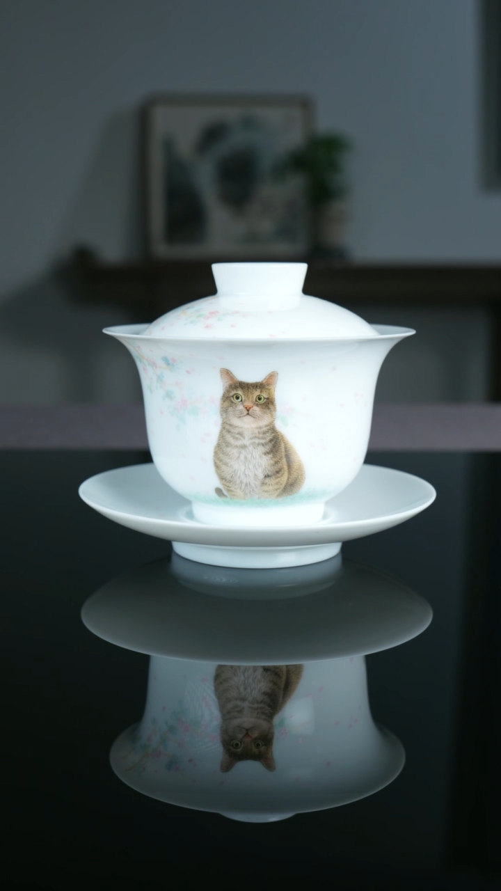 【闪购商品】瓷片《猫咪》三才盖碗