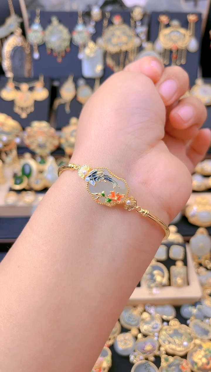 【闪购商品】和田玉手链银S925镀金镶嵌凤凰回头手链