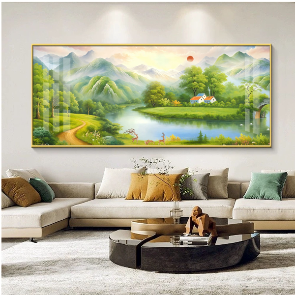 旭日东升福居宝地聚宝盆客厅轻奢高级感沙发背景墙山水装饰画