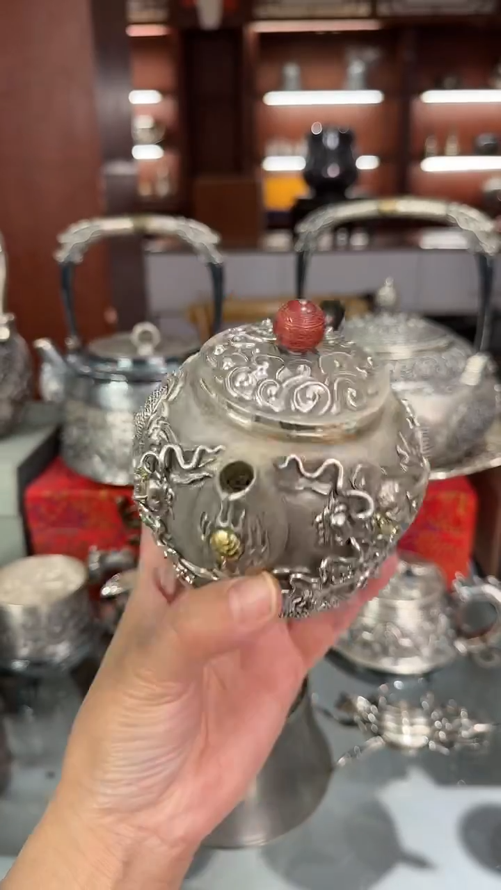 王*杰足银手工精工老师高浮雕双龙戏珠祥云盖子泡茶壶