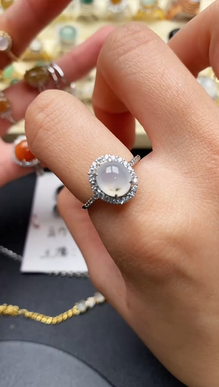 【闪购商品】翡翠戒指银S925镶嵌缅甸天然A货翡翠55  4-7