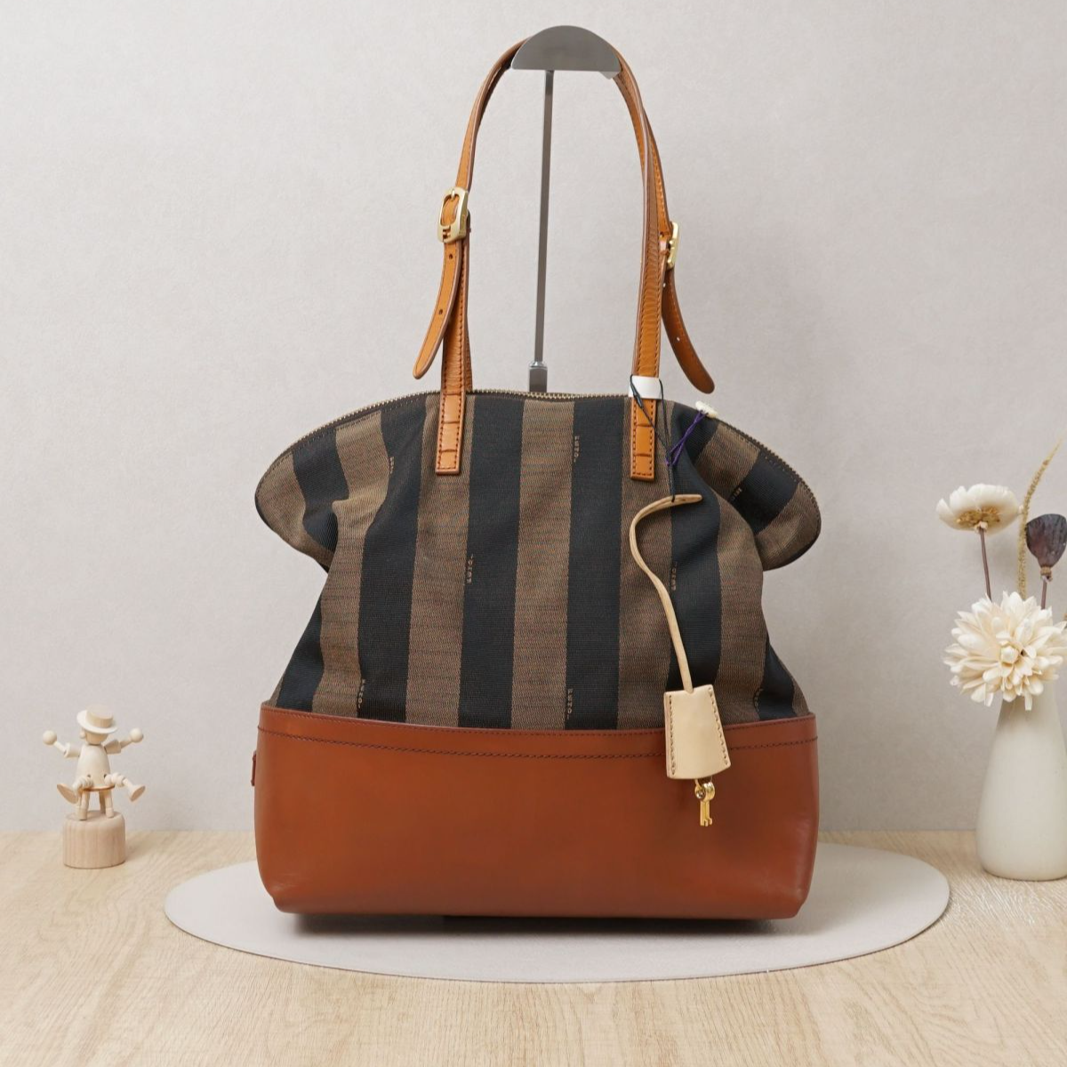 95新 FENDI/芬迪 芬迪中古手提包条纹帆布拼皮/DS038167