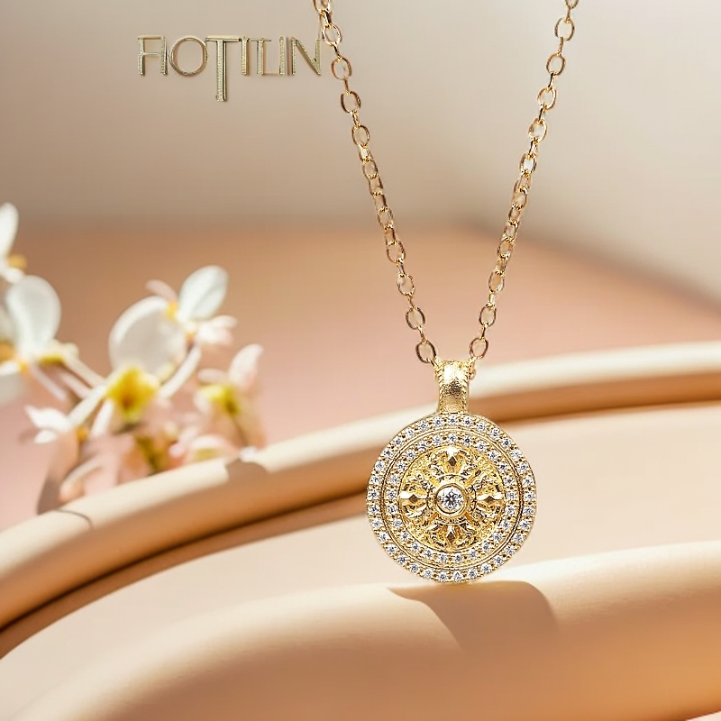 坠链均足银 HOTITIN八宝罗盘项链女 复古精致锁骨链颈饰轻奢时尚