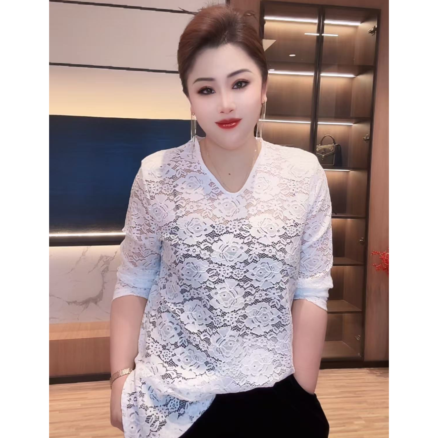 NJ 189秋新款性感镂空蕾丝V领长袖百搭修身显瘦内搭纯欲上衣