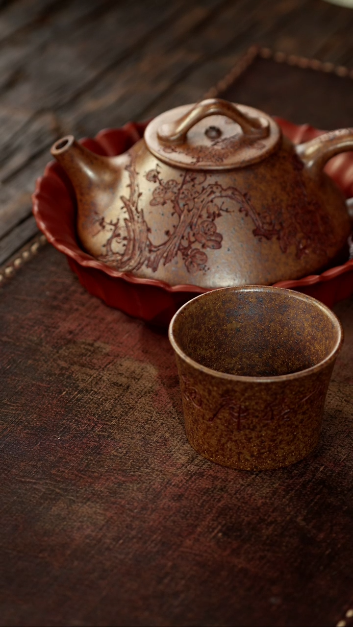 茶杯紫砂非遗茶器-柴烧梅花平底石瓢