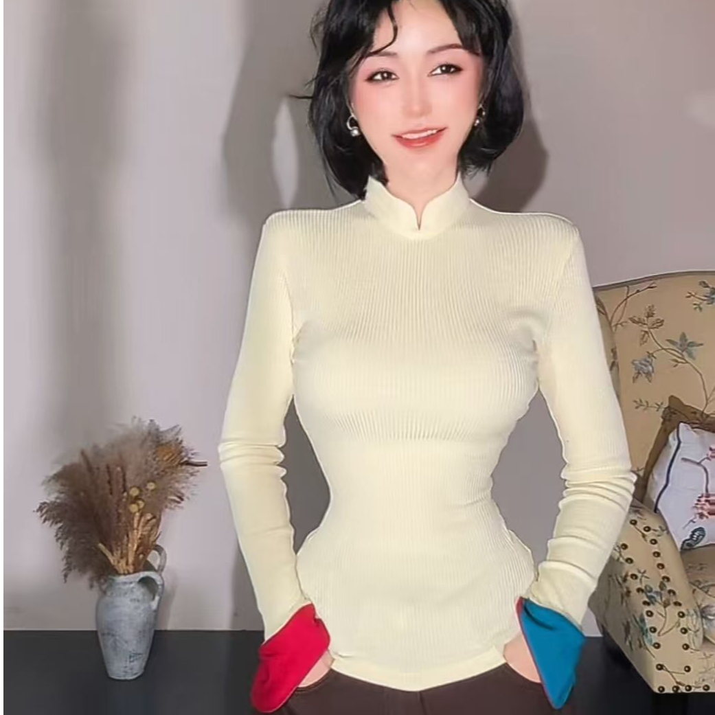 【图雅】蒙式 氛围感 油画风 袖口拼色 打底衫