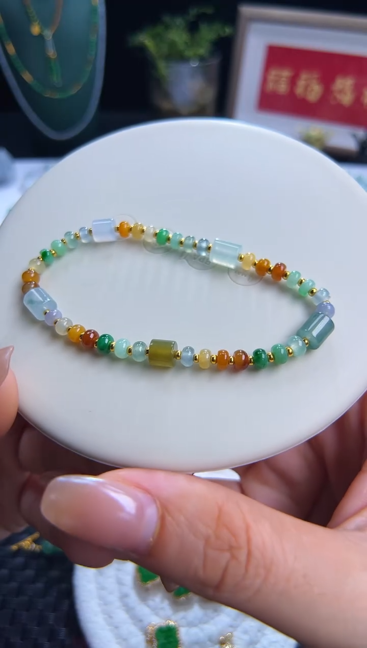 足金镶嵌手串翡翠新品上新！巨漏！强推！卡4.5算盘彩虹串！巨漏！