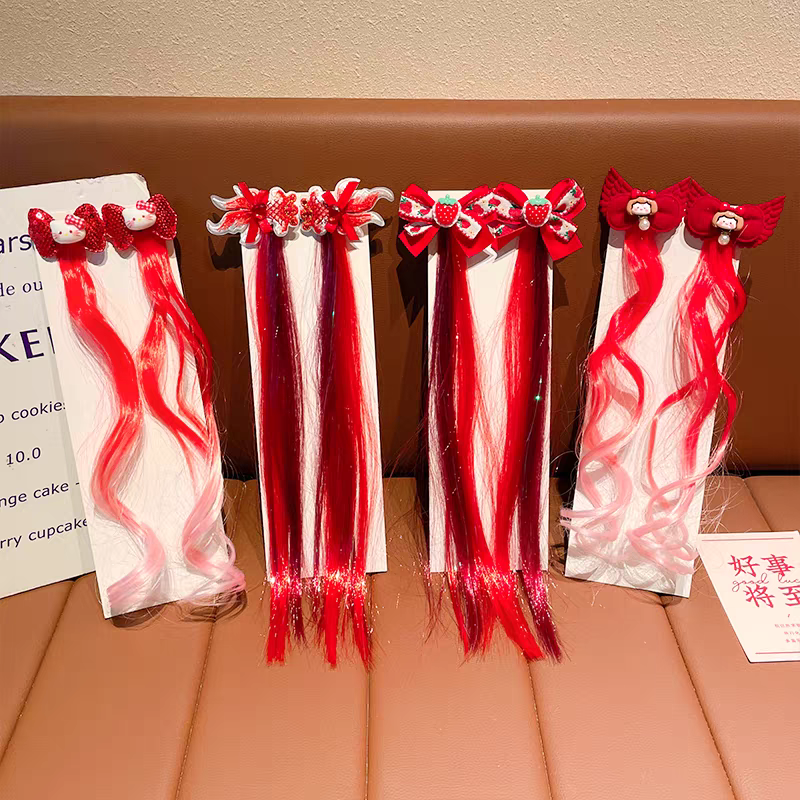 （俏萌宝）新年假发蝴蝶结发夹女童红色飘带发卡宝宝头饰百搭拍照