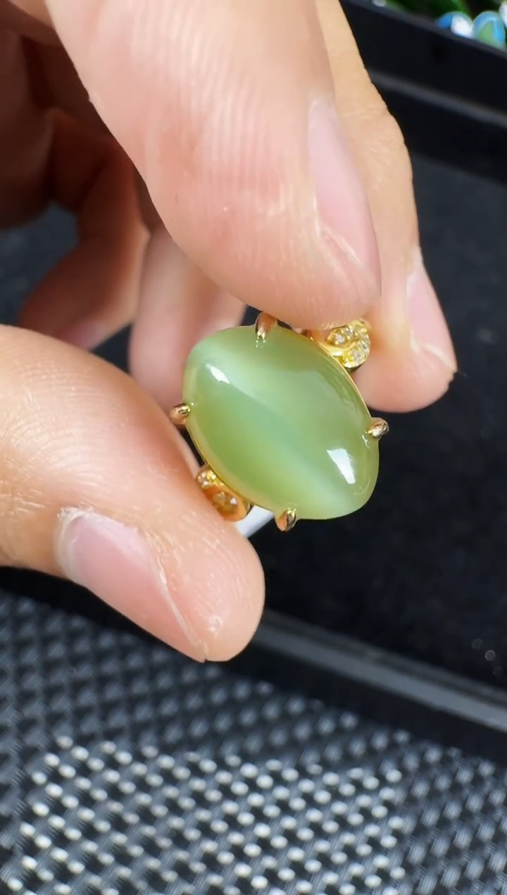和田玉（碧玉）戒指银S925镶嵌黄金猫