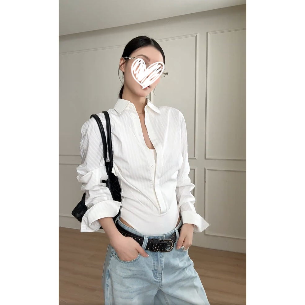 修身假两件连体衬衫夏季法式薄款收腰显瘦百搭别致外穿衬衣女装潮