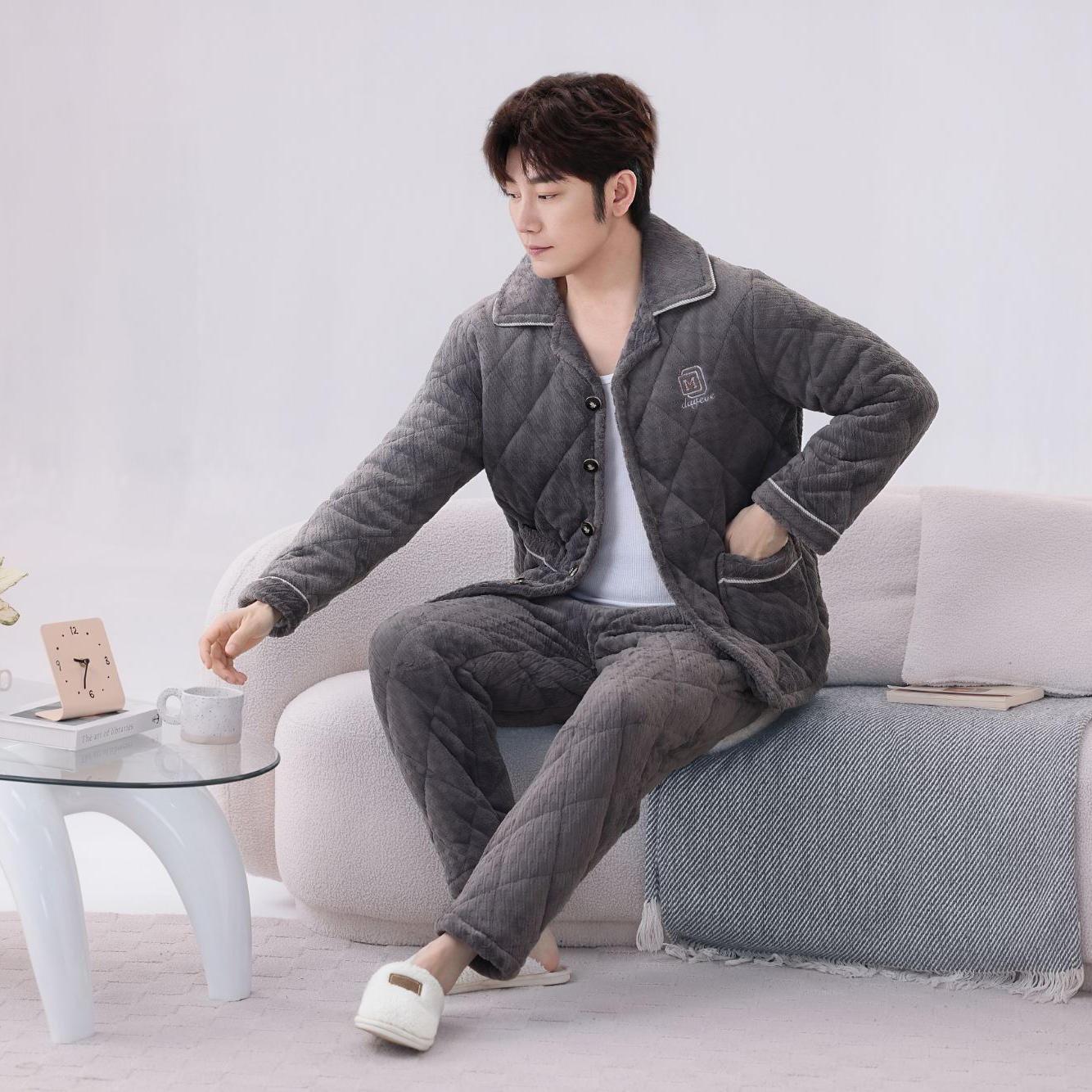 冬季大码男士三层夹棉加绒加厚保暖家居服睡衣套装