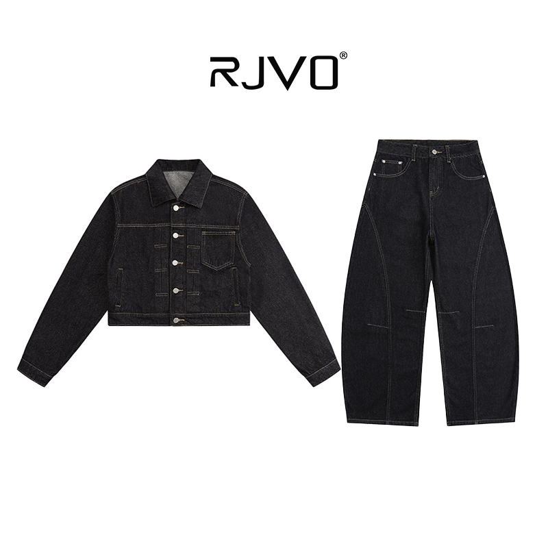 RJVO新款原色翻领纽扣后系带短款牛外套防褪色阔腿牛仔裤套装