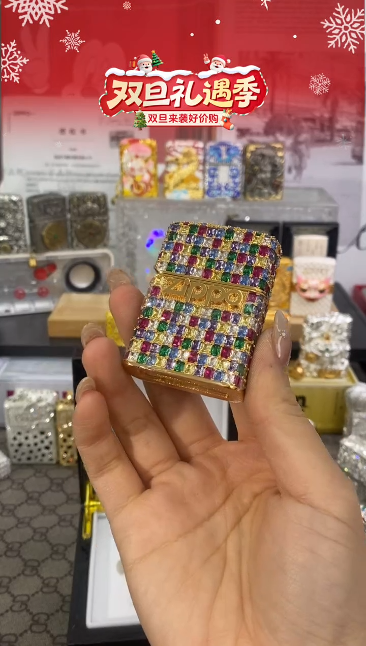 镜面ZIPPO金色满钻彩虹迪