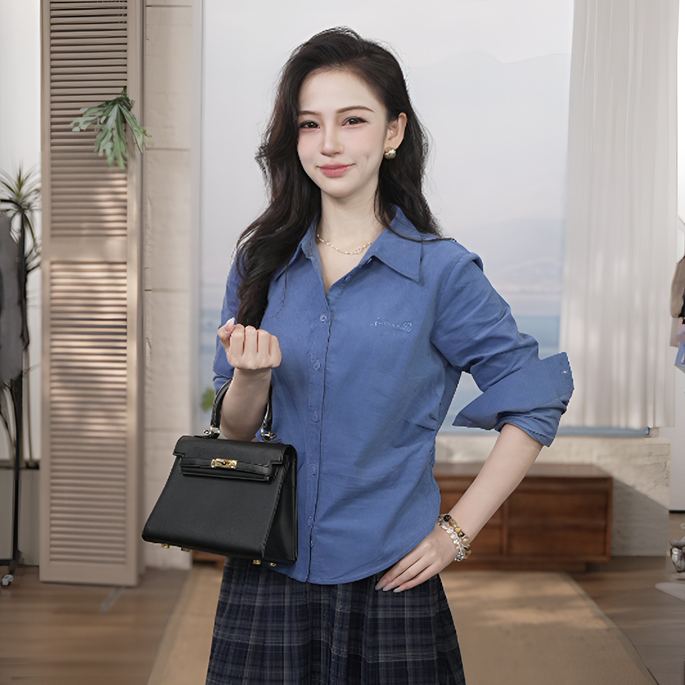 【高智风穿搭】茵曼冬款气质收腰捏折长袖衬衫时尚灯芯绒百搭衬衣