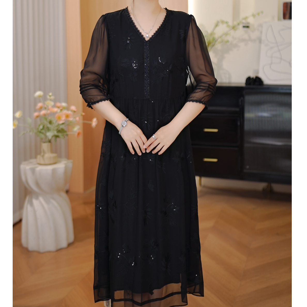 【DuShang】夏季新款时尚优雅显瘦气质V领真丝桑蚕丝连衣裙CS