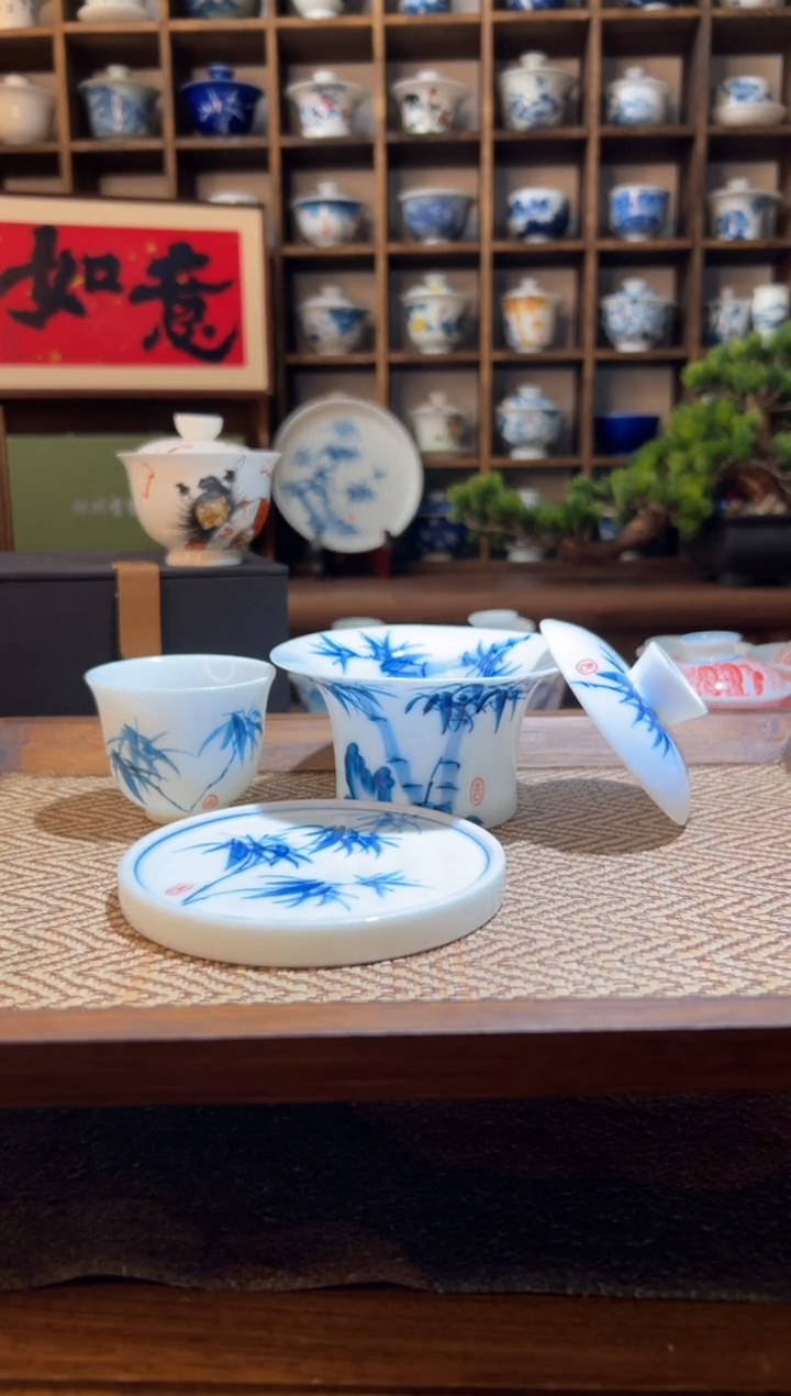 【闪购商品】手绘竹子马蹄盖碗+送主人杯+送盖置