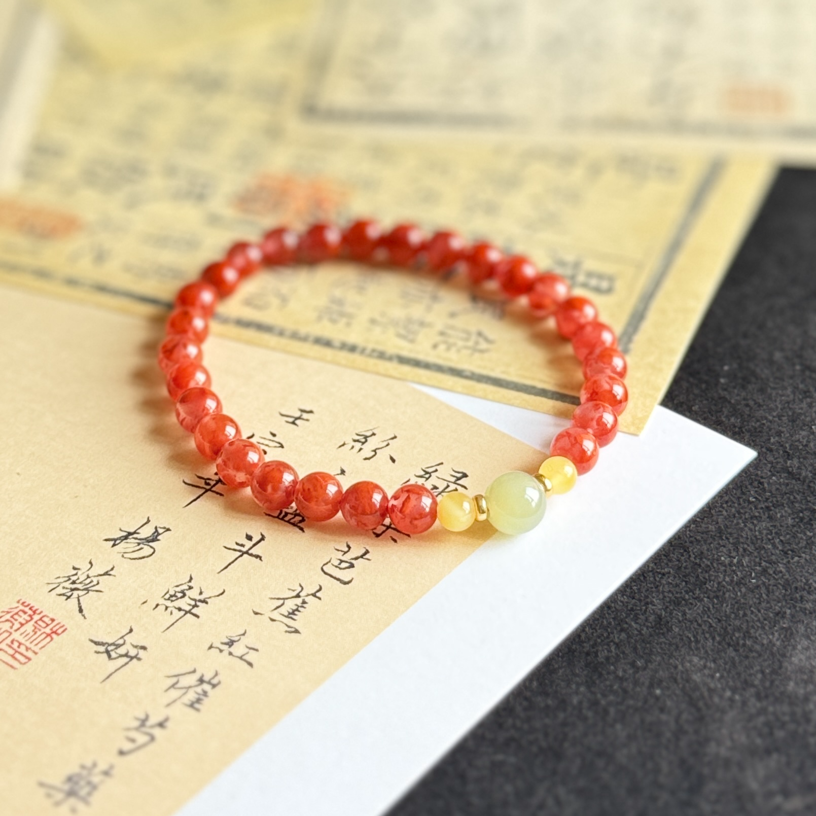 南红DIY手串 6mm+单圈冰透火焰纹川料南红无胶裂染色女士南红手串