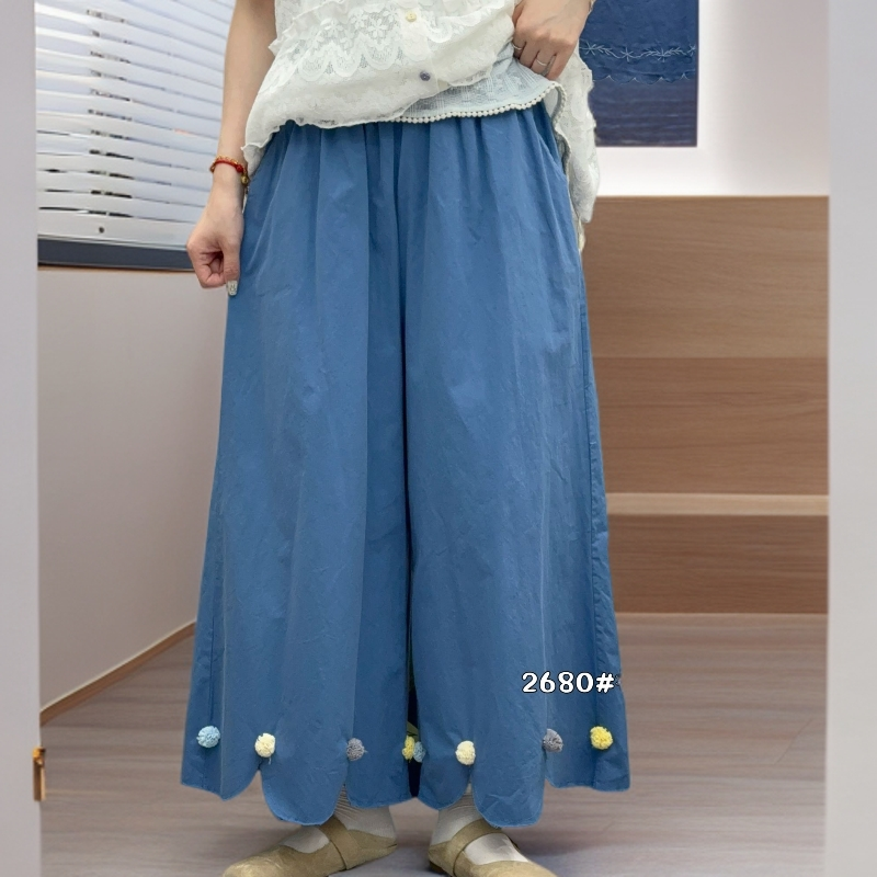 2025新款阔裤女夏新款日系文艺纯色松紧高腰百搭直筒裤2680#