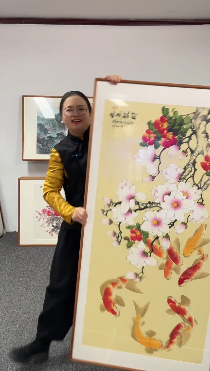 【闪购商品】国画玉兰九鱼图155*78横版绘画作品