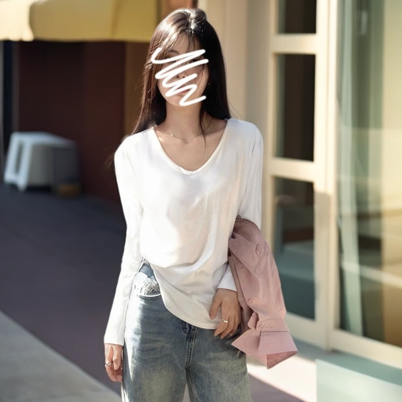 XGLMC白t恤女长袖V领高弹秋冬2025年大领口宽松显瘦内搭纯色上衣