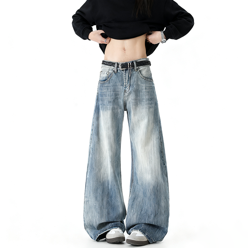 冬季加绒加厚美式竹节纹牛仔裤弯刀复古男女同款宽松直筒长裤保暖