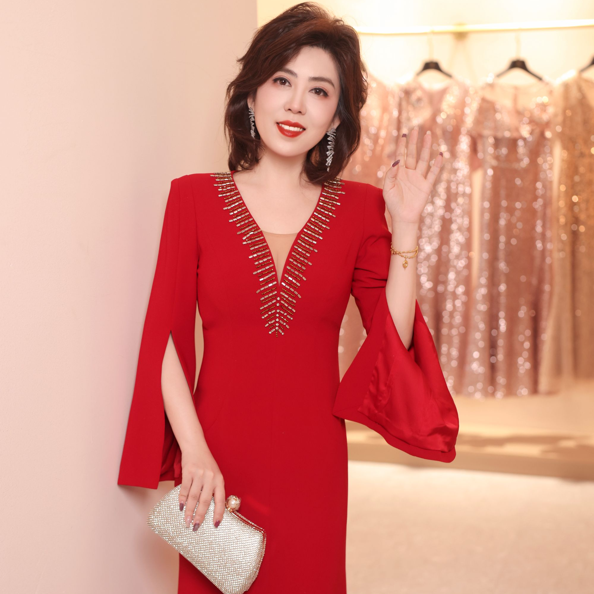 【喜瑞妈妈婚宴礼服】斗篷袖v领大礼服 气质结婚高贵名媛显瘦优雅