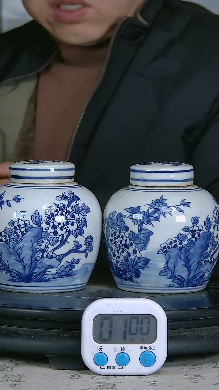 陶X*青花精绘花卉图罐一对