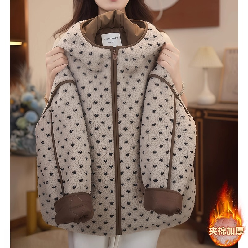 女童波点毛毛衣外套2025新款秋冬夹棉加厚羊羔毛二棉连帽保暖棉服