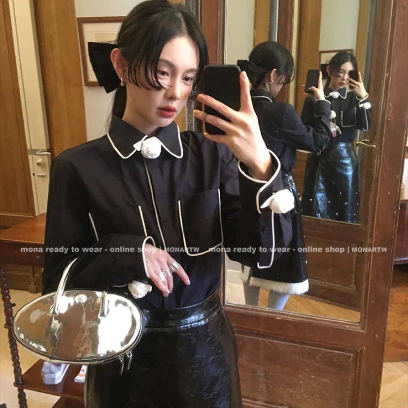 MONA 100棉 白色轻甜减龄设计感衬衫上衣女小个子内搭秋冬新款