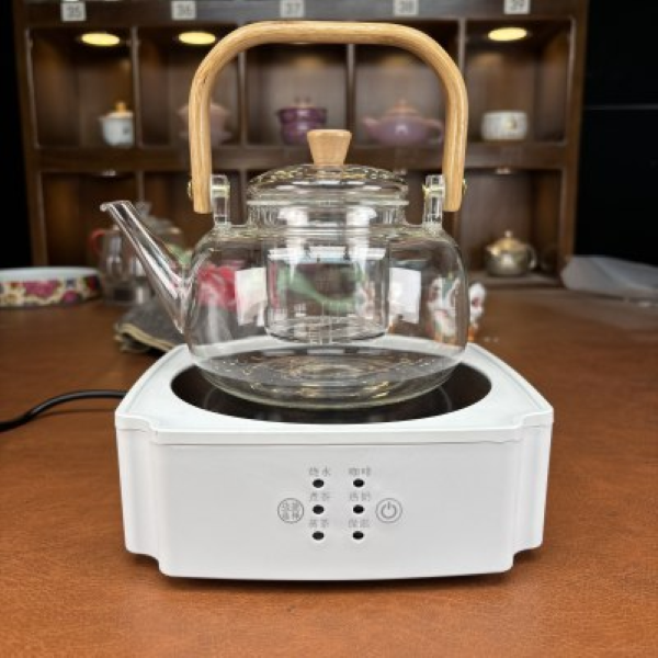 白色电陶炉-蓝松石+方把竹提梁茶壶-3076