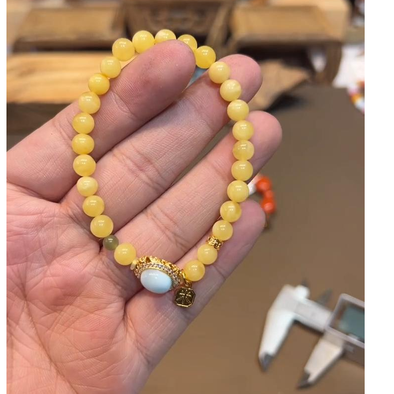 单圈蜜蜡手串搭配海纹石配件米字吊坠手链E7127多样性发一