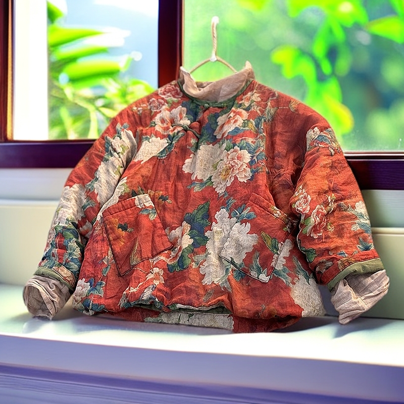 4386软糯轻柔苎麻印花宽松棉衣传统手工缝制盘扣屁帘棉服国风棉衣