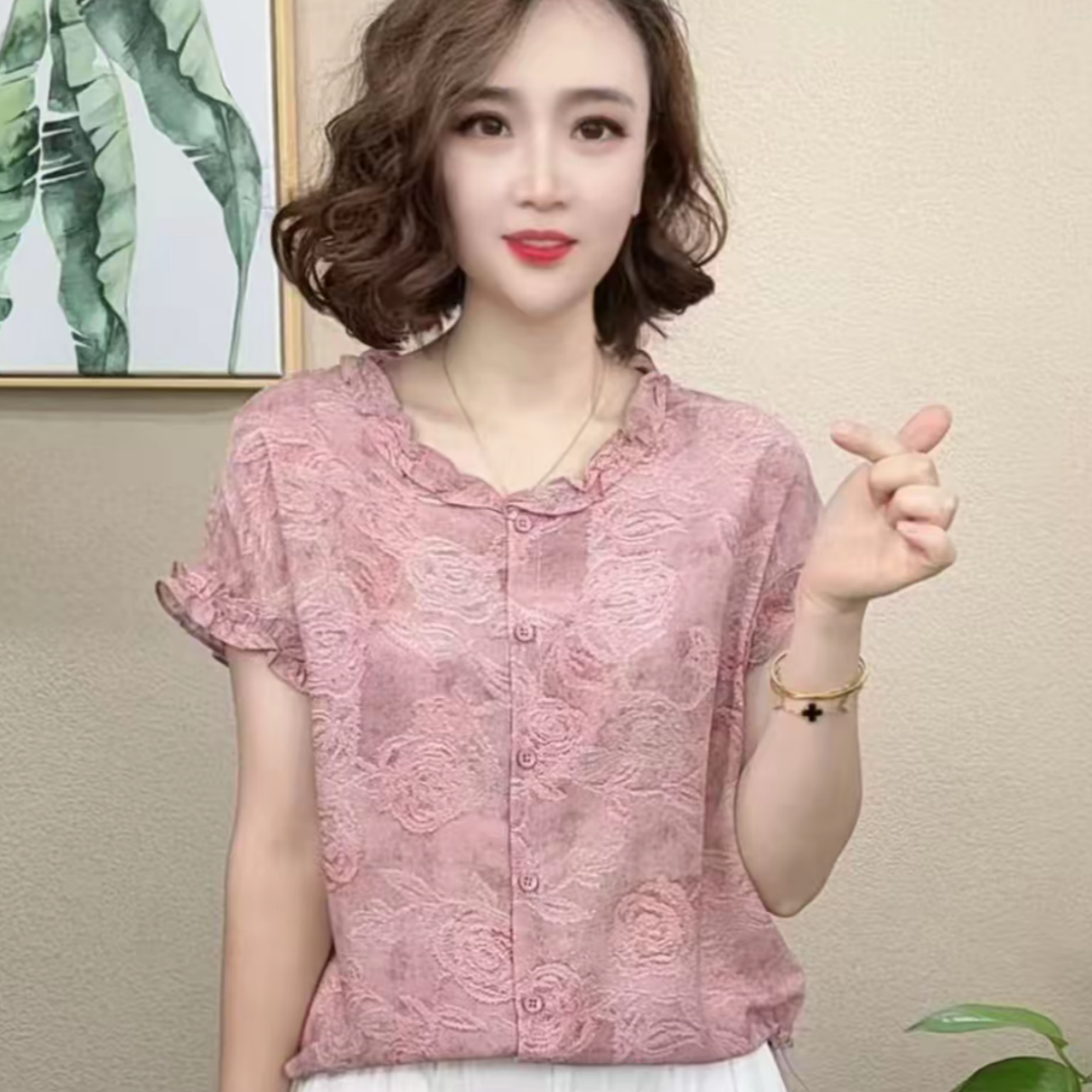 时尚妈妈装圆领碎花套头上衣小衫法式温柔风短袖T恤中老年女装