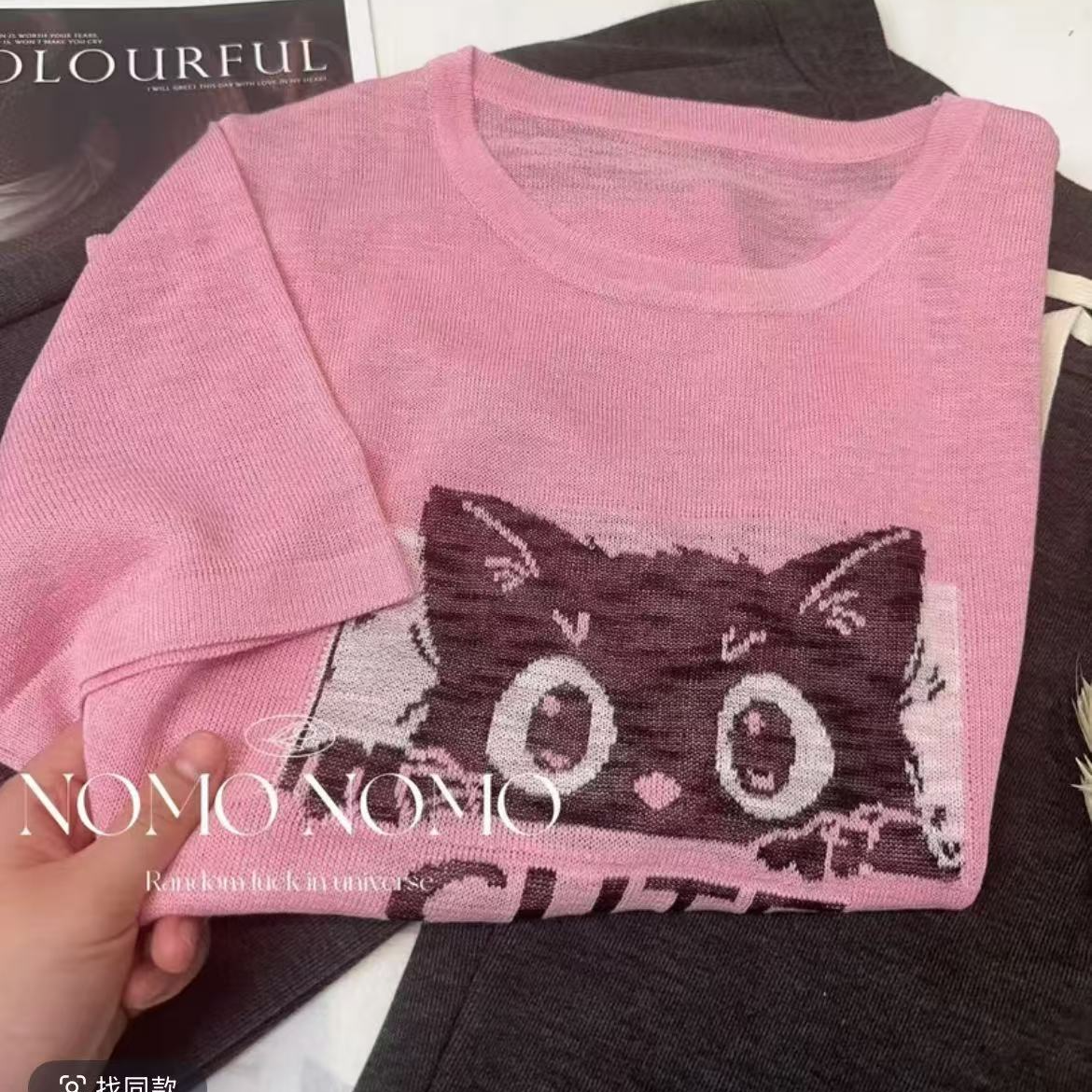 【可爱多-小猫】夏季圆领卡通猫针织衫女上衣