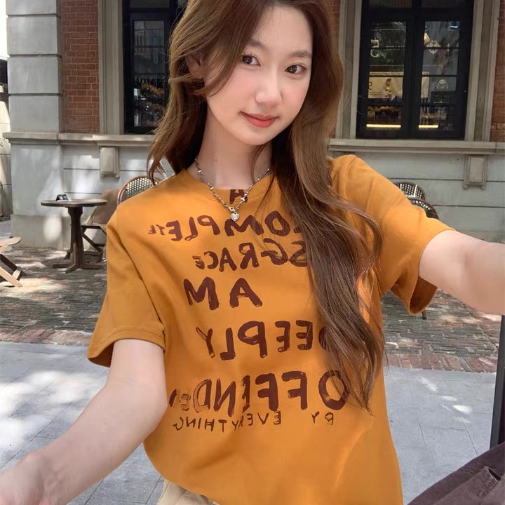 韩版复古休闲短袖圆领字母印花T恤女夏季新款宽松显瘦姜黄色上衣