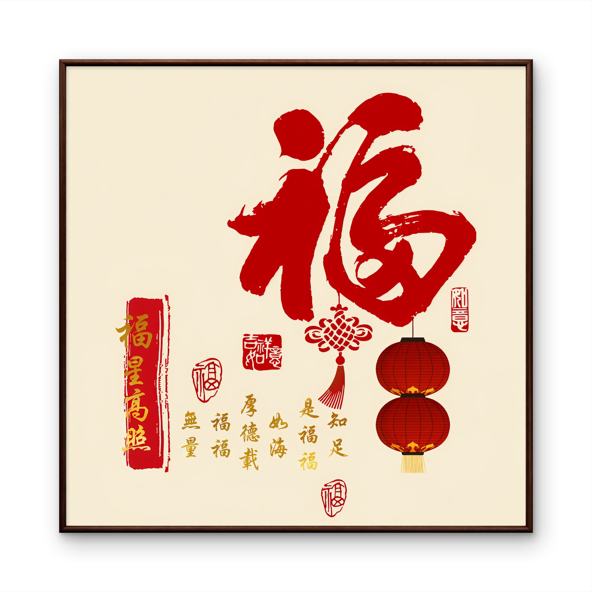 60*60福星高照中式装饰画木框玄关书房茶室客厅挂画