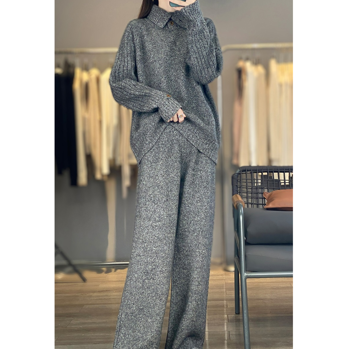 三股加厚100%纯羊毛两件套 系扣高领花纱针织衫+休闲阔腿裤套装