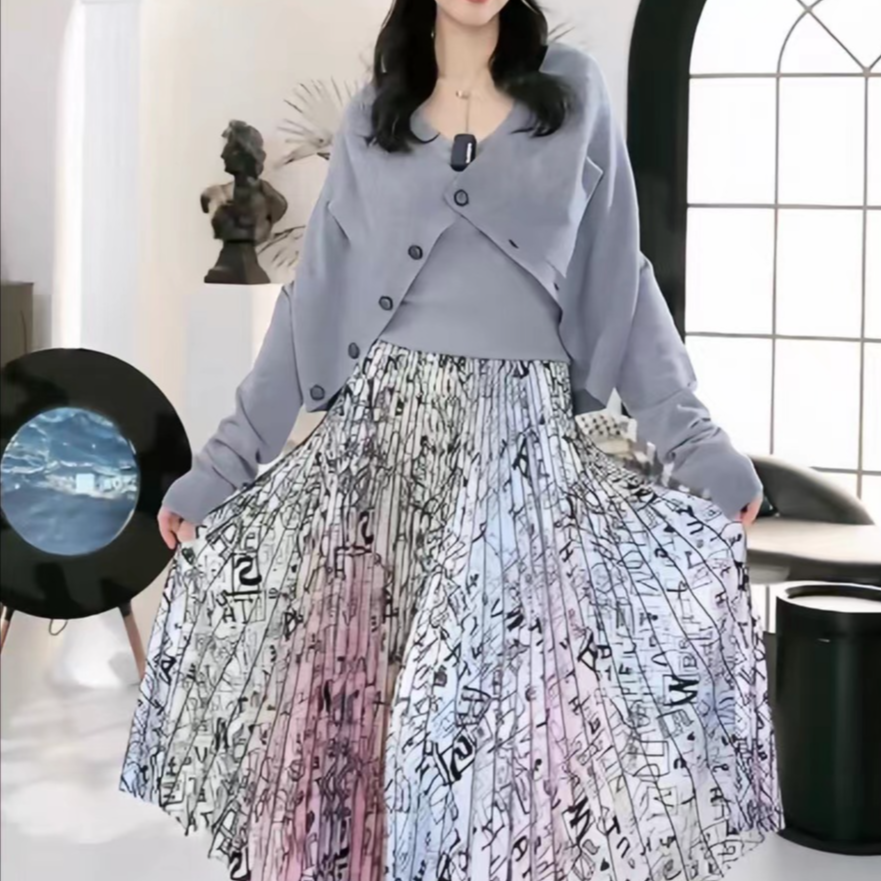 【商场同款新品】2025春夏新款高腰渐变印花百褶半身裙子女5200409