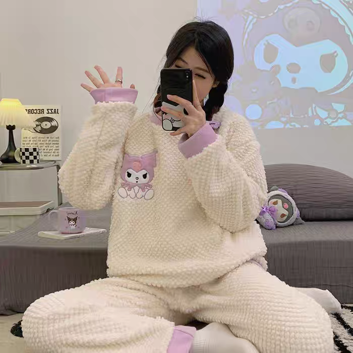 冬季家居服套装冬天女士保暖睡衣加绒卡通家居服ins加厚绿茶海苔