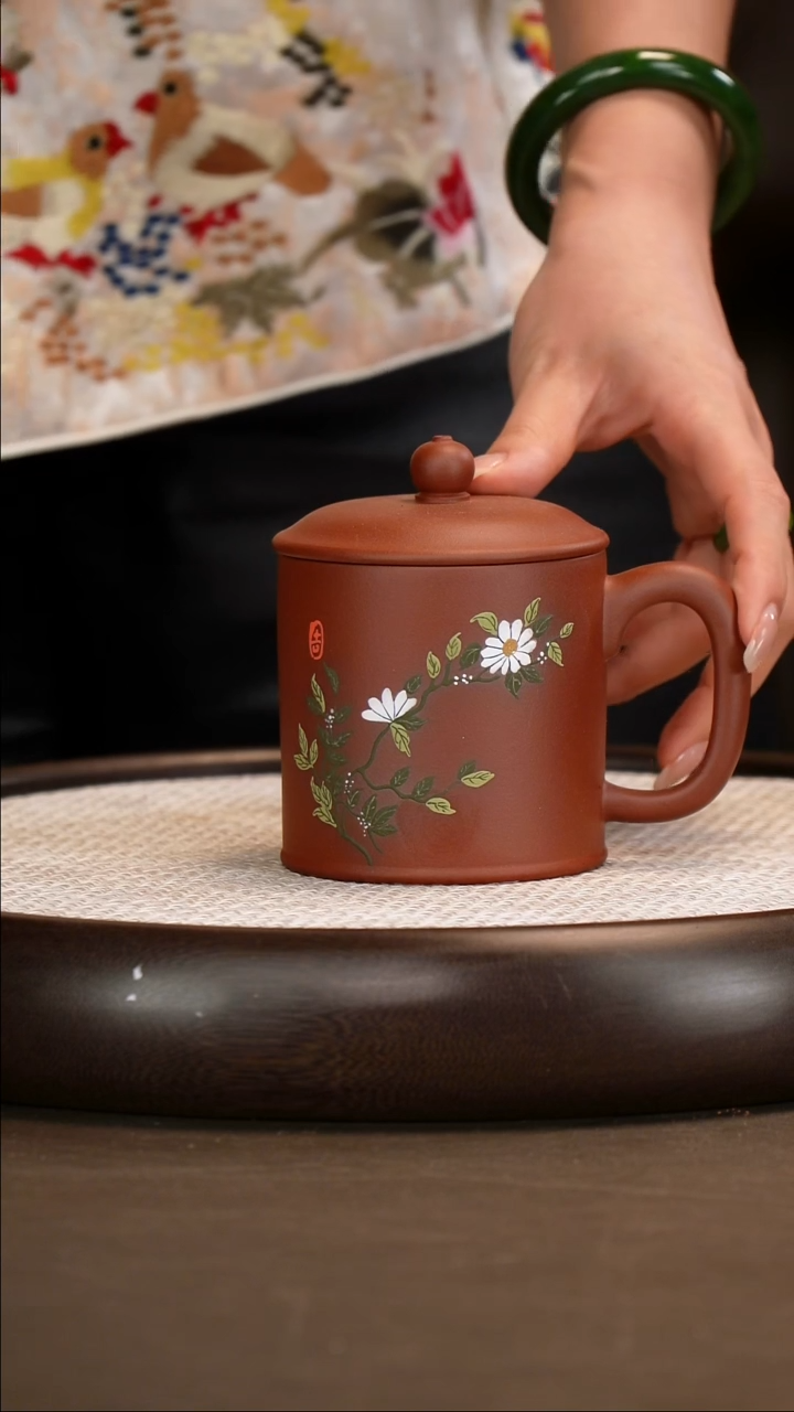 紫砂盖杯红皮龙小雏菊盖杯