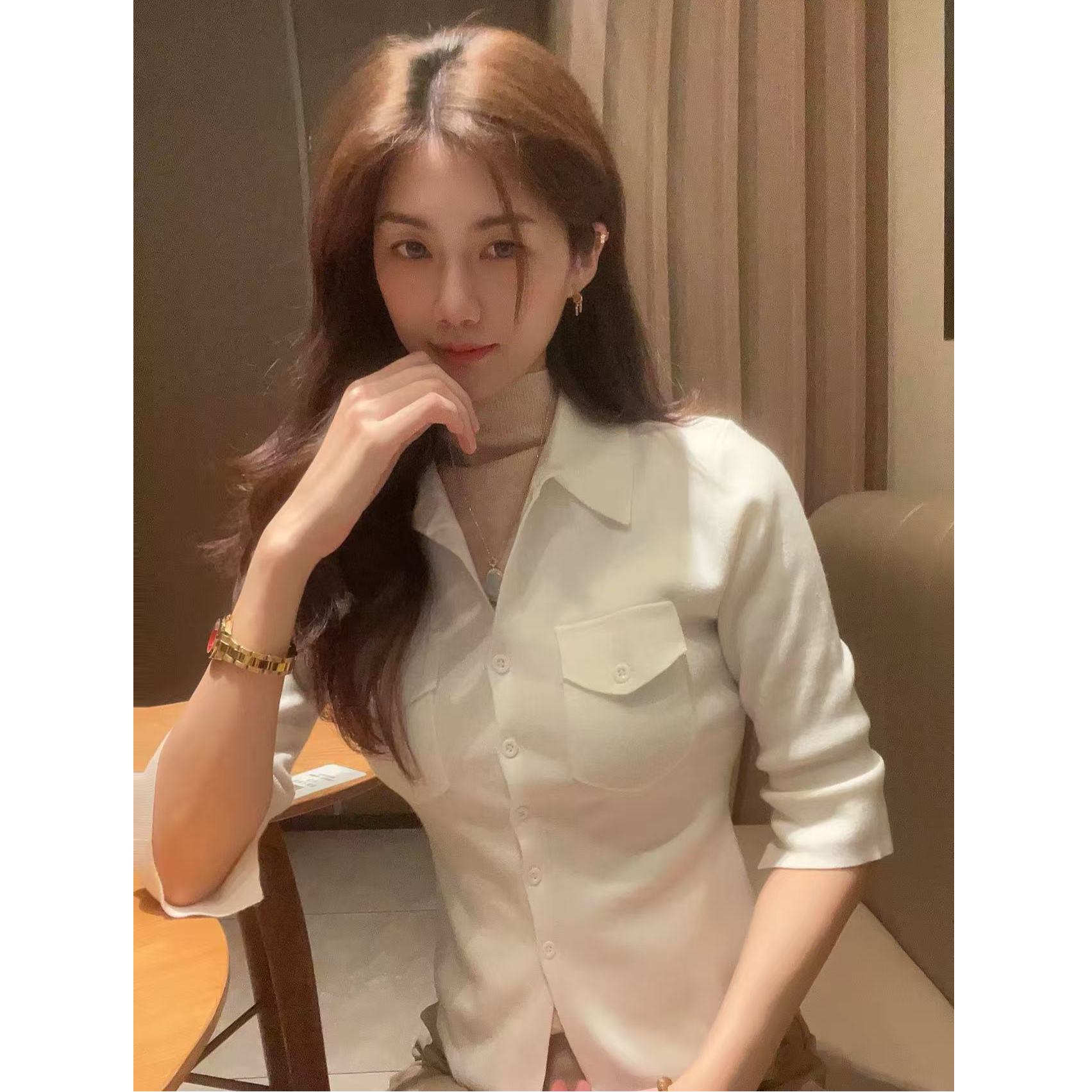 【知秋】CHENMAN·韩系翻领针织开衫女七分袖秋季外套衬衣秋冬外穿