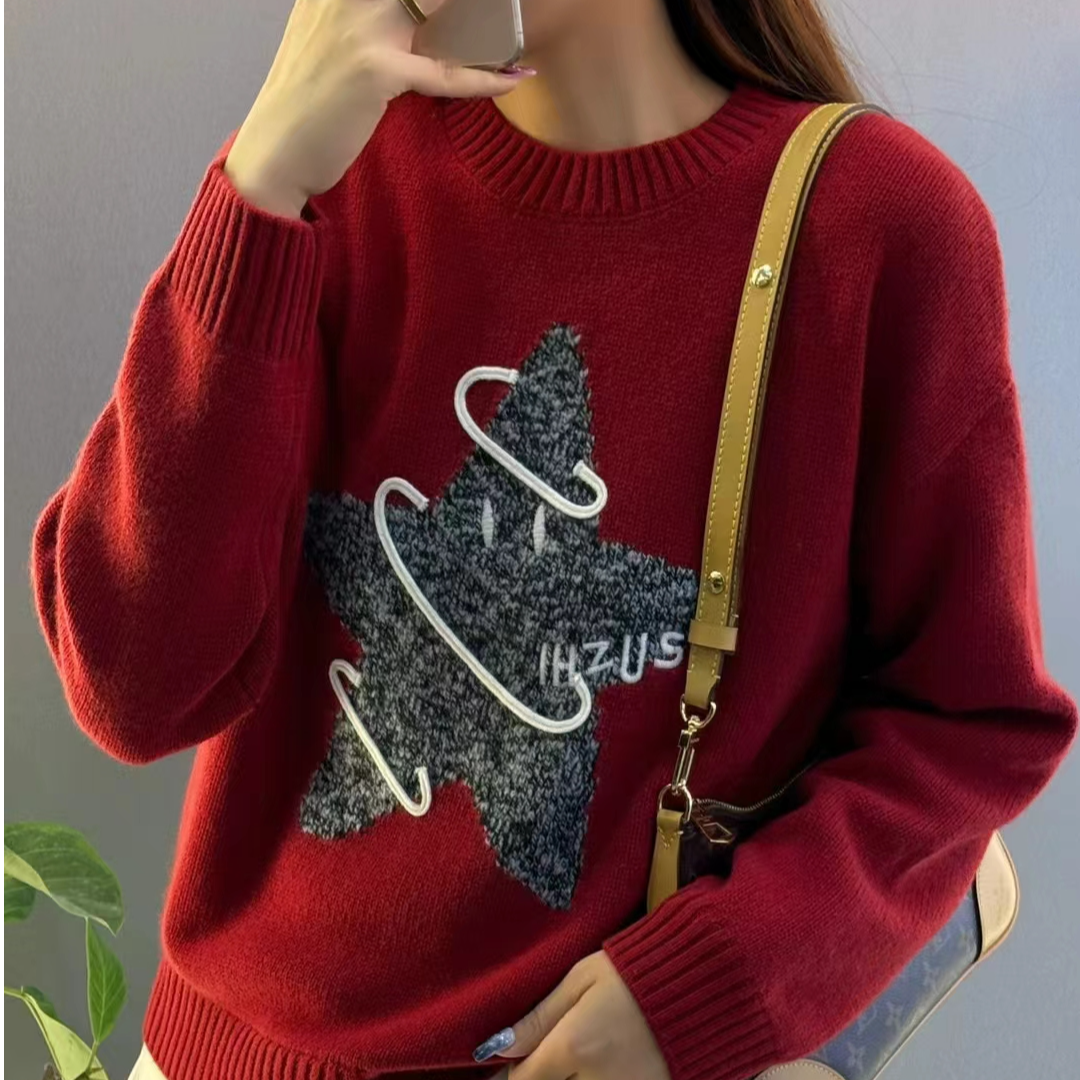 【绒弯湾】时尚红色圆领秋冬虎年套头网红百搭羊绒针织衫